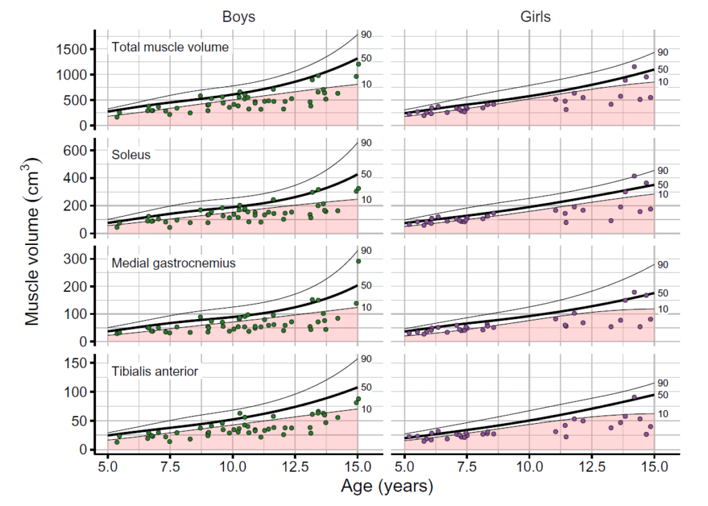 A series of scientific graphs that show reference curves for muscle volumes with cerebral palsy curves overlaid